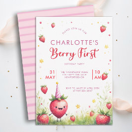 Berry First Pink Strawberry Patch 1st Birthday Kaart