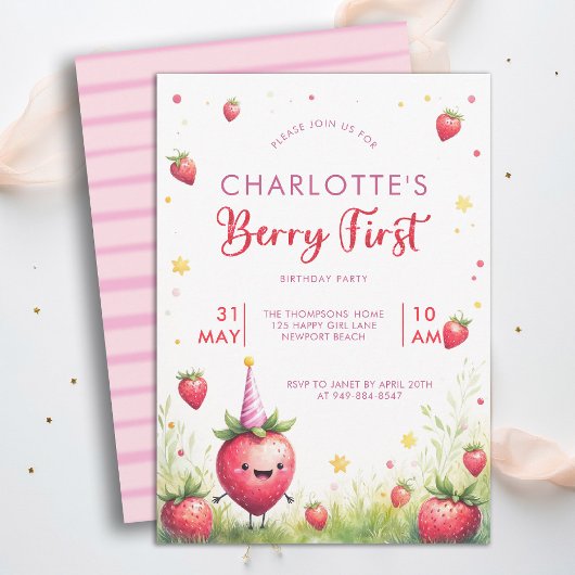 Berry First Roze Aardbei Patch 1e Verjaardag Kaart