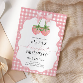 Berry First Roze Gingham Aardbei Verjaardag Kaart
