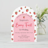 Berry First Strawberry 1st Birthday Foto Kaart (Staand voorkant)