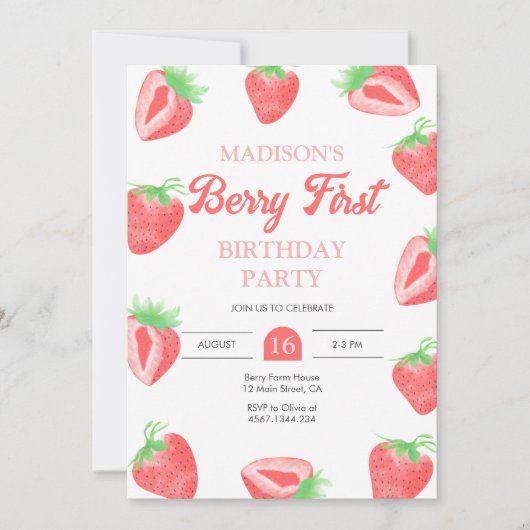 Berry First Strawberry 1st Birthday Invitation Kaart (Voorkant)