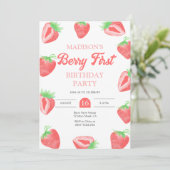 Berry First Strawberry 1st Birthday Invitation Kaart (Staand voorkant)
