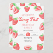 Berry First Strawberry 1st Birthday Invitation Kaart (Voorkant / Achterkant)