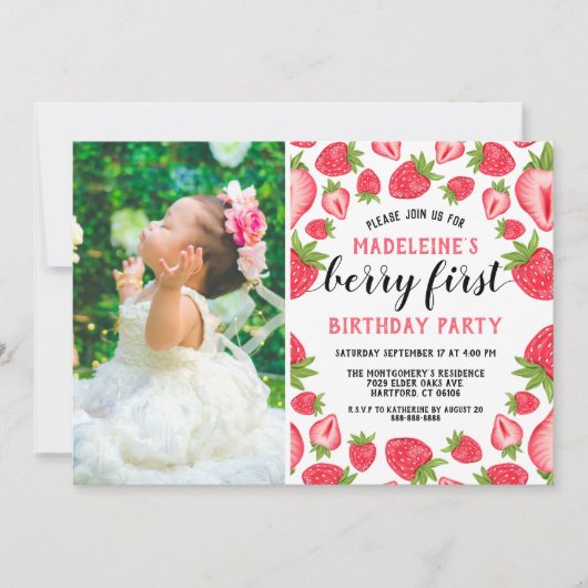 Berry First Strawberry 1st Birthday Party foto Kaart (Voorkant)