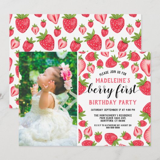 Berry First Strawberry 1st Birthday Party foto Kaart (Voorkant / Achterkant)