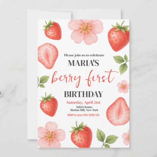 Berry First Strawberry 1st Birthday Party Kaart (Voorkant)