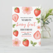 Berry First Strawberry 1st Birthday Party Kaart (Staand voorkant)