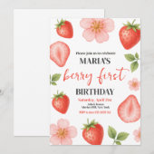 Berry First Strawberry 1st Birthday Party Kaart (Voorkant / Achterkant)