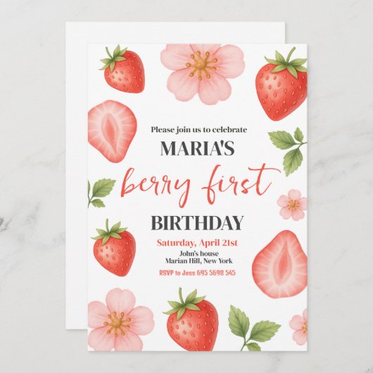 Berry First Strawberry 1st Birthday Party Kaart (Voorkant / Achterkant)