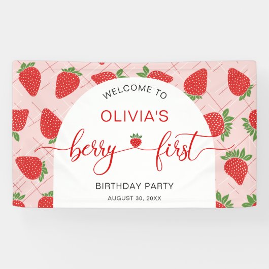 Berry First Strawberry 1st Birthday Party Spandoek (Horizontaal)