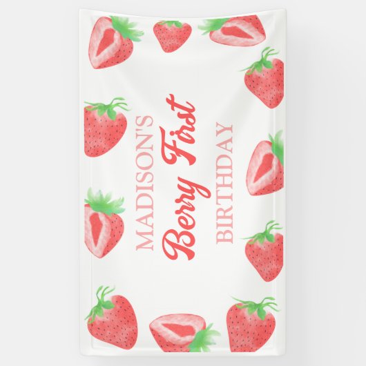 Berry First Strawberry 1st Birthday Party Spandoek (Verticaal)