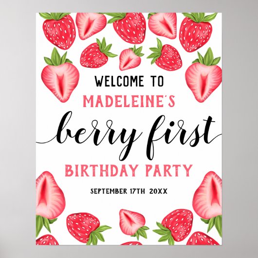 Berry First Strawberry 1st Birthday Welkom Poster (Voorkant)