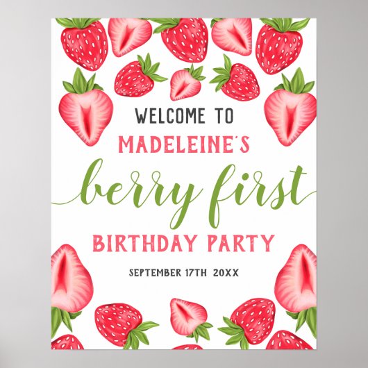Berry First Strawberry 1st Birthday Welkom Poster (Voorkant)