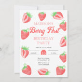 Berry First Strawberry Birthday Fotouitnodiging Kaart (Voorkant)