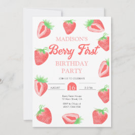 Berry First Strawberry Birthday Fotouitnodiging Kaart
