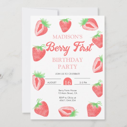 Berry First Strawberry Birthday Fotouitnodiging Kaart (Voorkant)