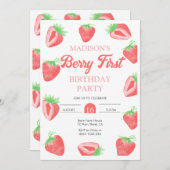 Berry First Strawberry Birthday Fotouitnodiging Kaart (Voorkant / Achterkant)