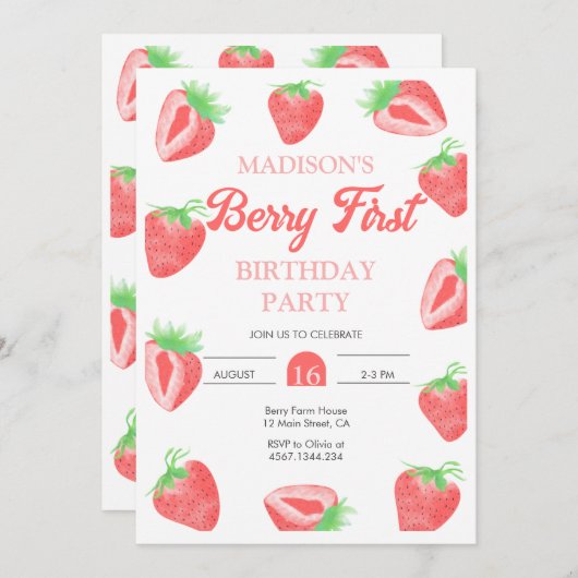 Berry First Strawberry Birthday Fotouitnodiging Kaart (Voorkant / Achterkant)