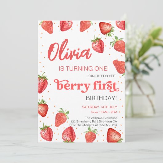 Berry First Strawberry Birthday Kaart (Staand voorkant)