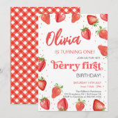 Berry First Strawberry Birthday Kaart (Voorkant / Achterkant)