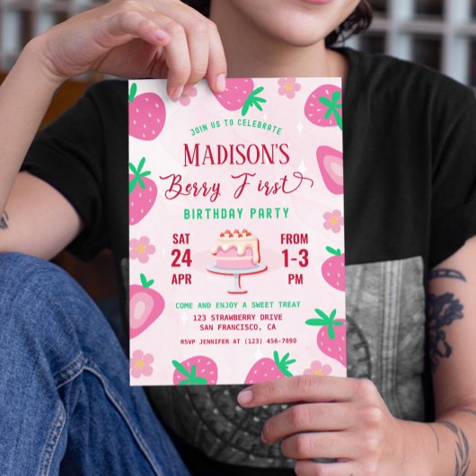 Berry First Strawberry Birthday Party Kaart