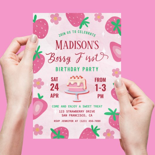 Berry First Strawberry Birthday Party Kaart