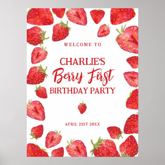Berry First Strawberry Birthday Party Welcome Sign Poster (Voorkant)