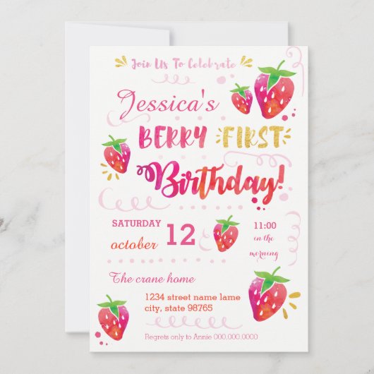Berry First Strawberry Birthday Pary Invitation Kaart (Voorkant)