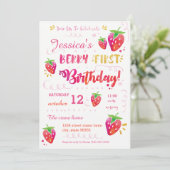 Berry First Strawberry Birthday Pary Invitation Kaart (Staand voorkant)