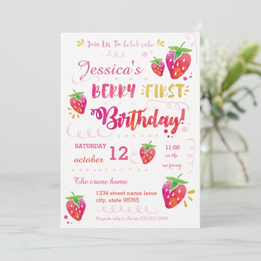 Berry First Strawberry Birthday Pary Invitation Kaart (Staand voorkant)