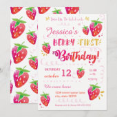 Berry First Strawberry Birthday Pary Invitation Kaart (Voorkant / Achterkant)