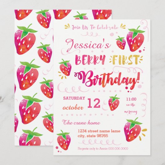 Berry First Strawberry Birthday Pary Invitation Kaart (Voorkant / Achterkant)