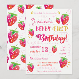 Berry First Strawberry Birthday Pary Invitation Kaart