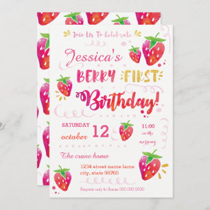 Berry First Strawberry Birthday Pary Invitation Kaart