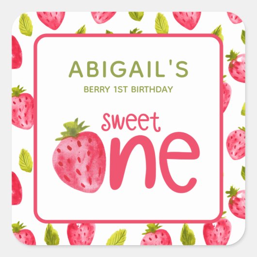 Berry First Strawberry Birthday Vierkante Sticker (Voorkant)