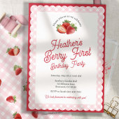 Berry First Strawberry Birthday with Pink Gingham Kaart