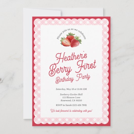 Berry First Strawberry Birthday with Pink Gingham Kaart (Voorkant)