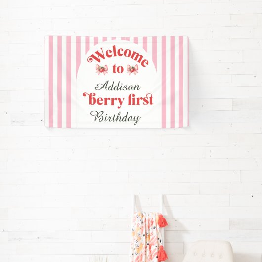 Berry First Strawberry & bow 1e verjaardag welkom Spandoek (Insitu)