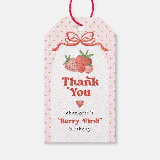 Berry First Strawberry Bow 1st Birthday Party Cadeaulabel (Voorkant)