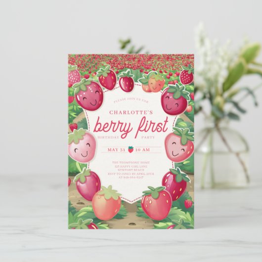 Berry First Strawberry Field Lijst 1e Verjaardag Kaart (Staand voorkant)