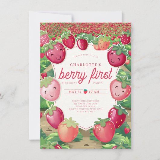 Berry First Strawberry Field Lijst 1e Verjaardag Kaart (Voorkant)