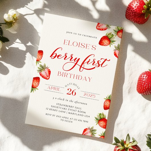 Berry First Strawberry First Birthday Invitation Kaart
