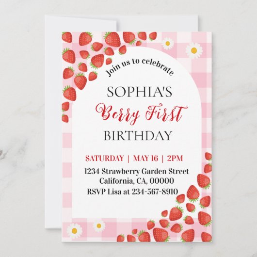 Berry First Strawberry gingham birthday invitation Kaart (Voorkant)