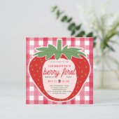 Berry First Strawberry Gingham Foto 1e verjaardag Kaart (Staand voorkant)