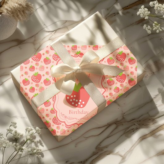 Berry First Strawberry Girl 1e verjaardag Cadeaupapier