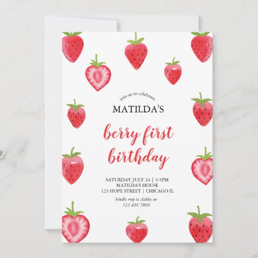 Berry First Strawberry Girl Birthday Uitnodiging (Voorkant)