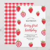 Berry First Strawberry Girl Birthday Uitnodiging (Voorkant / Achterkant)