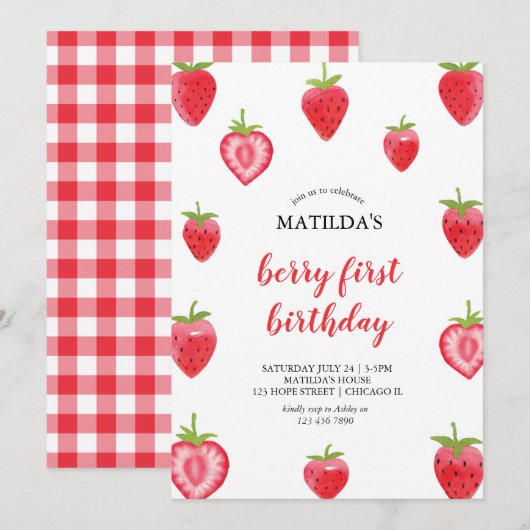 Berry First Strawberry Girl Birthday Uitnodiging (Voorkant / Achterkant)