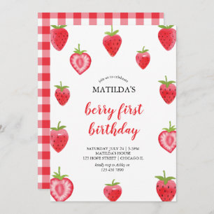 Berry First Strawberry Girl Birthday Uitnodiging