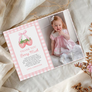 Berry First Strawberry Pink Bow 1st Birthday Foto Bedankkaart